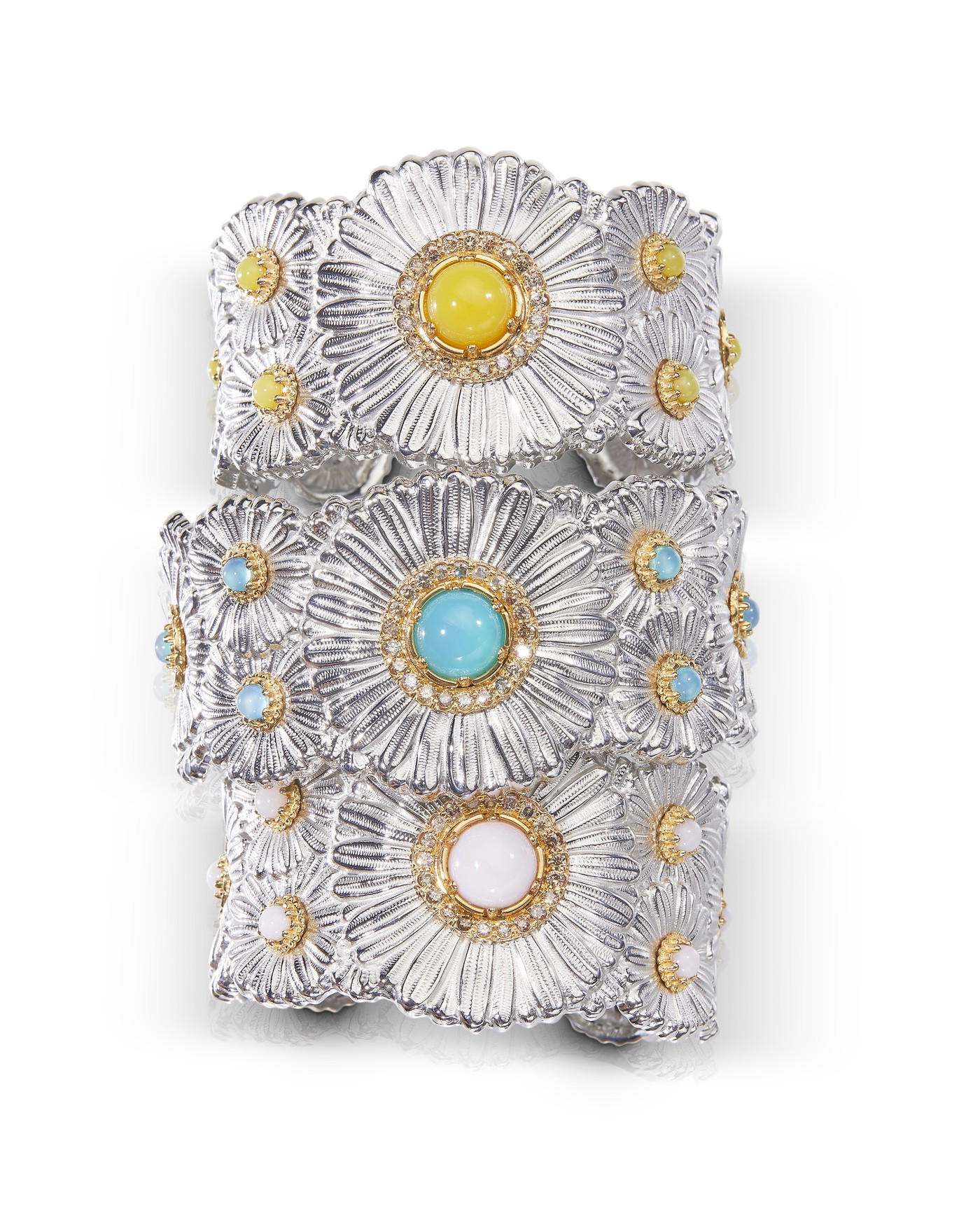 Blossoms Daisy cuff silver bracelets in yellow agate, light blue agate and pink opal set with diamonds