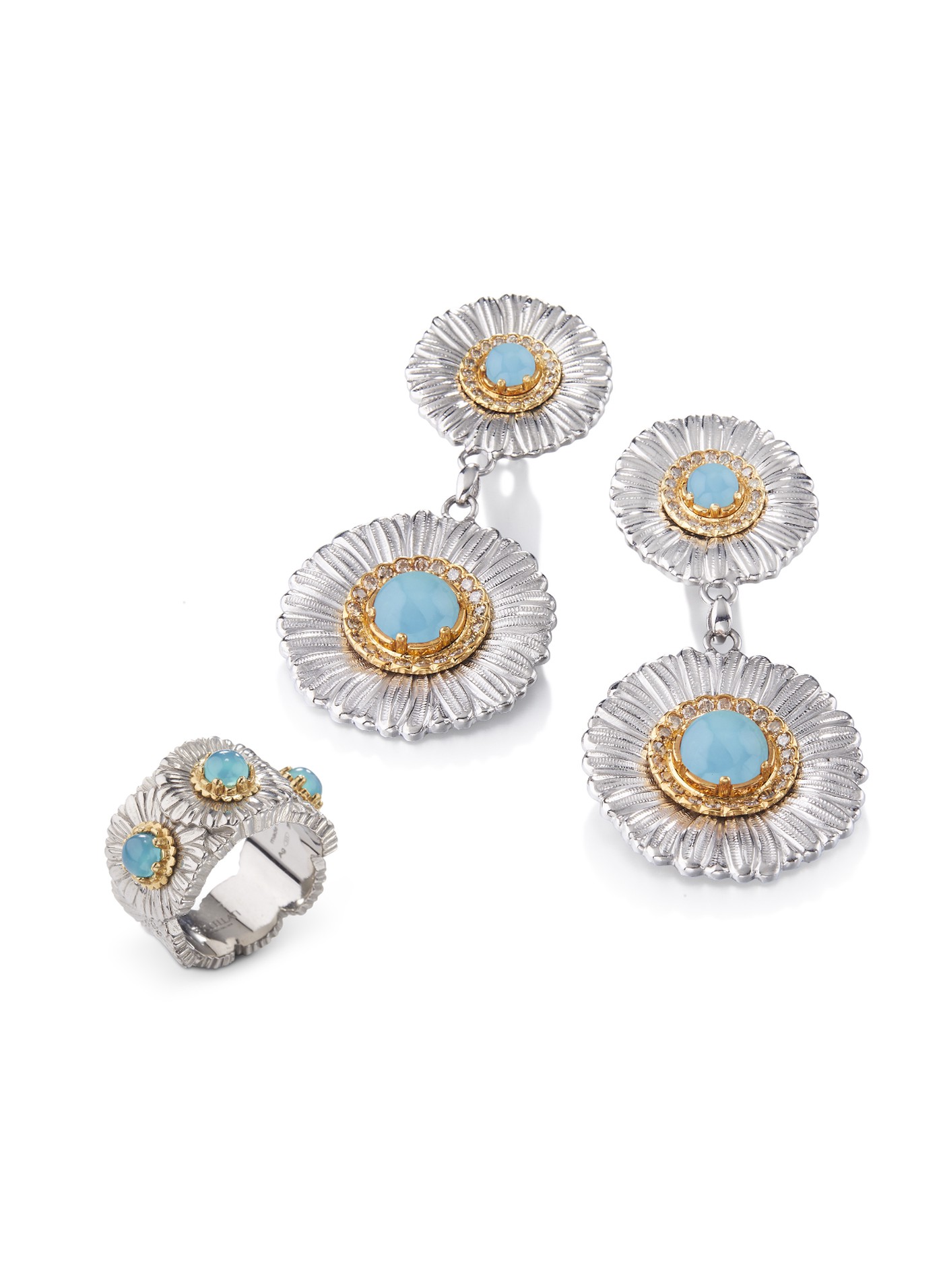 Blossoms Daisy Pendant earrings and ring in silver with diamonds and blue agate