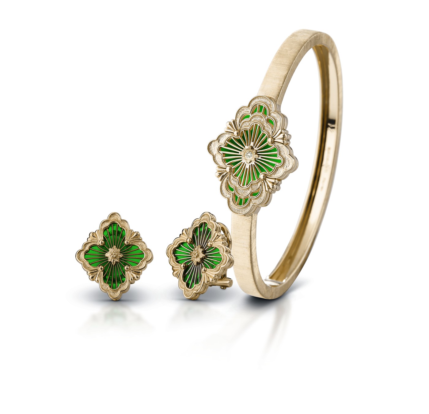 Opera Tulle bangle bracelet and earrings in yellow gold with green enamel background